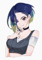1girl bare_shoulders black_choker blue_hair bob_cut breasts brown_eyes choker closed_mouth cocoa_s3 collarbone crop_top gradient_hair grey_shirt grey_sports_bra highres loose_hair_strand midriff multicolored_hair nintendo off-shoulder_shirt off_shoulder perrin_(pokemon) pokemon pokemon_sv ribbed_shirt shirt short_hair sleeveless sleeveless_shirt smile sports_bra undershirt upper_body v v-neck