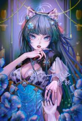 Rule 34 | 1girl, animal ear fluff, animal ears, animal print, blue eyes, blue flower, blue hair, blue nails, blurry, breasts, cat ears, changmao, chinese zodiac, cleavage, dress, fingernails, flower, hair ornament, highres, holding hands, jewelry, long hair, looking at viewer, medium breasts, nail polish, open mouth, original, ring, solo focus, tassel, teeth