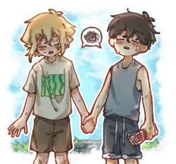 2boys absurdres antenna_hair basil_(faraway)_(omori) basil_(omori) black_hair black_shorts blonde_hair blush brown_shorts closed_eyes grey_tank_top highres holding_hands male_focus multiple_boys omori open_mouth shared_speech_bubble shirt short_hair short_sleeves shorts speech_bubble spoken_squiggle squiggle sunny_(omori) sweat t-shirt tank_top teeth thatbirdcanfly upper_teeth_only white_shirt