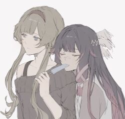 2girls alternate_costume angel_wings blue_eyes blunt_bangs brown_hair closed_eyes closed_mouth collarbone columbina_(genshin_impact) contemporary couple eating feathered_wings feeding food food_in_mouth friends genshin_impact gradient_hair hashtag-only_commentary head_on_another&#039;s_shoulder head_wings headband highres holding holding_food leaning_forward leaning_on_person long_hair long_sleeves looking_to_the_side momorin_0808 multicolored_hair multiple_girls off_shoulder popsicle sandrone_(genshin_impact) short_hair single_bare_shoulder sleeves_rolled_up white_wings wings yuri