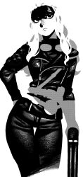 Rule 34 | 1girl, arm behind back, belt, breasts, character request, check character, check copyright, closed mouth, commentary request, copyright request, cowboy shot, frown, furiosa: a mad max saga, greyscale, gun, headband, highres, holding, holding gun, holding weapon, imperator furiosa, ireading, jacket, leather, leather jacket, leather pants, long hair, looking at viewer, mad max, medium breasts, monochrome, pants, simple background, sketch, solo, wavy hair, weapon, white background, zipper, zipper pull tab