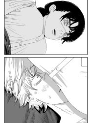 1boy 1girl blush chainsaw_man denji_(chainsaw_man) fujimoto_tatsuki_(style) greyscale highres lap_pillow monochrome nanami_toga open_mouth ringed_eyes scar scar_on_face scar_on_nose shirt sweat yoru_(chainsaw_man)