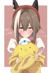 1girl acht_augen animal animal_ears artist_name blue_eyes blush brown_hair cheval_grand_(umamusume) dated hair_between_eyes happy_birthday hat headwear_switch holding holding_animal horse_ears horse_girl long_sleeves multicolored_hair pompompurin puffy_short_sleeves puffy_sleeves red_hat short_hair_with_long_locks short_sleeves simple_background smile streaked_hair umamusume upper_body