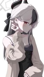 1girl absurdres black_dress black_hair black_horns black_nails blue_archive closed_mouth commentary demon_horns dress ear_piercing english_commentary grey_hair grey_jacket halo highres hikkio horns jacket kayoko_(blue_archive) kayoko_(dress)_(blue_archive) long_hair long_sleeves looking_at_viewer multicolored_hair official_alternate_costume official_alternate_hairstyle piercing red_eyes simple_background solo tucking_hair two-tone_hair white_background