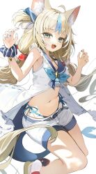 1girl absurdres animal_ears animal_ears_(norankkori) blonde_hair blue_eyes blue_hair blue_sailor_collar breasts cat_ears highres indie_virtual_youtuber multicolored_hair sailor_collar sameko_saba shirt shorts small_breasts solo thighs two-tone_hair white_background white_shirt white_shorts