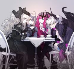 4girls ahoge baobhan_sith_(fate) baobhan_sith_(first_ascension)_(fate) black_dress black_jacket boots breasts cup detached_sleeves dress fang fate/grand_order fate_(series) green_eyes grey_eyes hair_ornament highres holding holding_cup horns jacket jeanne_d&#039;arc_alter_(avenger)_(fate) jeanne_d&#039;arc_alter_(fate) kriemhild_(fate) kriemhild_(first_ascension)_(fate) lilith_(fate) lilith_(second_ascension)_(fate) looking_at_viewer multiple_girls navel open_mouth pink_dress pink_hair pointy_ears ryuuran sitting smile teacup thigh_boots twintails white_hair yellow_eyes