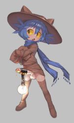 1boy androgynous animal_ears black_eyes blush boots cat_boy cat_ears colored_sclera crossed_arms erection fang furry grey_background hat huge_penis kinshi76 legs_apart light_bulb long_sleeves looking_to_the_side male_focus niko_(oneshot) no_panties oneshot_(game) open_mouth penis penis_hold penis_out precum purple_hair scarf standing testicles thigh_boots thighhighs trap uncensored yellow_sclera
