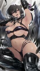 Rule 34 | 1girl, areola slip, arm up, armpits, belt, black belt, black boots, black gloves, black wings, boots, breasts, commentary, elbow gloves, fallen angel, falling feathers, feathered wings, feathers, gloves, hair between eyes, highres, large breasts, latex, latex boots, latex gloves, long hair, looking at viewer, navel, nonohachi, o-ring, open mouth, original, purple eyes, revealing clothes, skindentation, smile, solo, thigh boots, wings