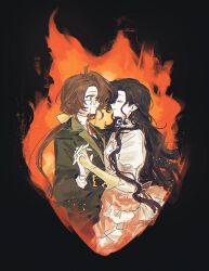 2girls black_background black_hair brown_hair closed_eyes cropped_torso dress face-to-face fire gloves green_eyes green_jacket grin highres holding_hands isolde_(reverse:1999) jacket juliet_sleeves kakania_(reverse:1999) long_hair long_sleeves looking_at_another low_ponytail multiple_girls neck_ribbon ponytail puffy_sleeves rang_wo_zai_shui_10_fenzhong red_ribbon reverse:1999 ribbon shirt smile upper_body very_long_hair white_dress white_gloves white_shirt yellow_gloves yuri