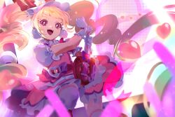 Rule 34 | 1girl, absurdres, aisaki emiru, blonde hair, blunt bangs, commentary request, cure macherie, earrings, gloves, glowstick, guitar, heart pouch, highres, hugtto! precure, instrument, jewelry, long hair, magical girl, music, open mouth, pink eyes, playing instrument, precure, puffy short sleeves, puffy sleeves, shipu (gassyumaron), short sleeves, smile, solo, twintails, white gloves