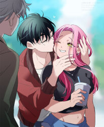 Rule 34 | 2boys, alien stage, black hair, black shirt, closed eyes, commentary request, crop top, cup, drinking straw, earrings, grey hair, holding, holding cup, ivan (alien stage), jacket, jewelry, kiss, kissing cheek, long hair, mizi (alien stage), multiple boys, necklace, one eye closed, pink hair, red jacket, sazare (sazozo0), shirt, smile, till (alien stage), twitter username, watermark, white shirt, yellow eyes