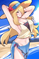 1340smile 1girl absurdres armpits arms_up beach bikini bikini_under_clothes blonde_hair blue_sarong blue_sky breasts cleavage closed_mouth cloud collarbone crop_top cynthia_(pokemon) cynthia_(summer_2025)_(pokemon) day flower grey_eyes grin hair_over_one_eye hat hat_flower highres large_breasts long_hair navel nintendo outdoors pokemon pokemon_masters_ex sarong shirt sky smile solo sun_hat swimsuit tied_shirt very_long_hair