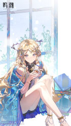 1girl absurdres bare_shoulders black_collar black_dress blonde_hair blue_eyes book breath cartethyia_(wuthering_waves) chinese_commentary collar commentary_request copyright_notice crown_of_thorns cup dress earrings feet_out_of_frame highres holding holding_cup jewelry knees_up light_blush long_hair looking_at_viewer necklace official_art parted_lips pointy_ears sandals sidelocks sitting solo tabard tacet_mark_(wuthering_waves) thighs very_long_hair white_sandals white_tabard wuthering_waves
