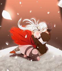 1boy 1girl absurdres ahoge araragi_koyomi bare_shoulders biting black_hair black_pantyhose blonde_hair blood_sucking dress elbow_gloves feather-trimmed_dress feather-trimmed_gloves feather_trim gloves hair_ribbon hetero highres hood hooded_track_jacket jacket kiss-shot_acerola-orion_heart-under-blade kizumonogatari long_hair long_sleeves monogatari_(series) neck_biting oshino_shinobu pantyhose petals pivoeeb pointy_ears red_dress ribbon short_hair skindentation strapless strapless_dress thick_thighs thighs torn_clothes torn_dress torn_pantyhose track_jacket vampire very_long_hair white_gloves
