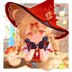 1girl :d absurdres ahoge alternate_hairstyle artist_name black_gloves blonde_hair blurry blurry_background blush book bookshelf border bow bowtie braid brooch clover_brooch commentary commentary_request crayon curtains detached_collar dodoco_(genshin_impact) elbow_rest english_commentary eyelashes frilled_sleeves frills genshin_impact giuniu_(unc_135) gloves hair_between_eyes hair_bow hands_up hat hat_bow head_rest highres indoors jewelry jumpy_dumpty klee_(blossoming_starlight)_(genshin_impact) klee_(genshin_impact) light_particles long_hair looking_at_viewer low_twin_braids mixed-language_commentary official_alternate_costume open_mouth outside_border paper pointy_ears puffy_short_sleeves puffy_sleeves red_bow red_bowtie red_eyes red_hat shirt short_sleeves sidelocks smile solo sparkle striped_bow tilted_headwear twin_braids twitter_username upper_body vision_(genshin_impact) watermark white_border white_shirt window witch_hat