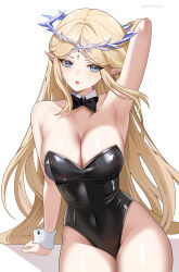 1girl absurdres alternate_costume arm_behind_head arm_up armpits bare_shoulders black_bow black_bowtie black_leotard blue_eyes blush bow bowtie breasts cartethyia_(wuthering_waves) cleavage collar collarbone commentary covered_navel crown_of_thorns detached_collar feet_out_of_frame groin highleg highleg_leotard highres large_breasts leotard looking_at_viewer open_mouth parted_bangs simple_background sitting solo strapless strapless_leotard sweatdrop symbol-only_commentary tacet_mark_(wuthering_waves) thighs twitter_username twomoon white_background white_collar white_wrist_cuffs wrist_cuffs wuthering_waves