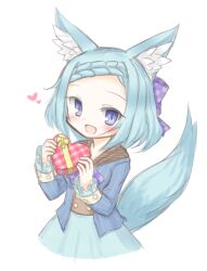 animal_ears blue_eyes blue_hair box box_of_chocolates braid emil_chronicle_online frr_(akf-hs) hair_ribbon heart open_mouth ribbon smile tail upper_body white_background whitefang_alma wolf_ears wolf_girl wolf_tail