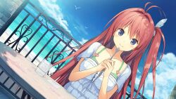 1girl antenna_hair ao_no_kanata_no_four_rhythm bare_arms bird blouse blue_eyes blue_sky blush breasts closed_mouth cloud cloudy_sky collarbone commentary dutch_angle english_commentary frilled_shirt frills glass hair_intakes hair_ribbon hands_up holding holding_spoon ice ice_cube kurashina_asuka long_hair looking_at_viewer mountainous_horizon ocean official_art one_side_up pink_hair ribbon second-party_source shirt short_sleeves sitting sky sleeveless smile solo spoon suzumori table very_long_hair water white_ribbon white_shirt