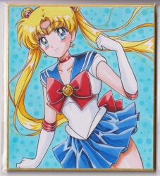 1girl bishoujo_senshi_sailor_moon blonde_hair blue_eyes blue_sailor_collar choker circlet collarbone commentary crescent crescent_earrings double_bun earrings elbow_gloves flower_earrings gloves hair_bun hair_ornament highres jewelry long_hair looking_at_viewer magical_girl red_choker sailor_collar sailor_moon sailor_senshi_uniform skirt smile solo traditional_media tsukino_usagi twintails user_kztc4472 white_gloves