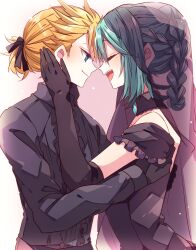 1boy 1girl :d bare_shoulders black_dress black_gloves black_shirt black_veil blonde_hair blue_hair closed_mouth collared_shirt commentary_request dress elbow_gloves gloves hands_on_another&#039;s_face hatsune_miku highres kagamine_len kaho_0102 long_sleeves open_mouth shirt short_hair sleeveless sleeveless_dress smile upper_body veil vocaloid