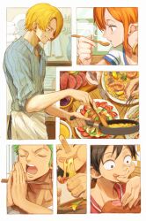 1girl 4boys blonde_hair cheese cheese_trail chopsticks cigarette cooking curly_eyebrows eating food green_hair highres holding holding_chopsticks licking_lips long_nose meat monkey_d._luffy multiple_boys nami_(one_piece) oekakiboya one_piece roronoa_zoro sanji_(one_piece) shrimp spoon steam straw_hat_pirates tongue tongue_out usopp