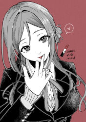 Rule 34 | 1girl, aegyo sal, blazer, commentary request, cosmetics, dress shirt, fingernails, gakuen idolmaster, greyscale with colored background, hatsuboshi gakuen school uniform, head tilt, heart, highres, himesaki rinami, idolmaster, jacket, large pectorals, lipstick tube, long hair, long sleeves, looking at viewer, neck ribbon, parted lips, pectorals, red background, ribbon, saltyacurry, school uniform, shirt, simple background, solo, spoken heart, spot color, sweater, upper body