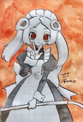 Rule 34 | 1girl, 2024, apron, bags under eyes, ballpoint pen (medium), bloody marie (skullgirls), brooch, cowboy shot, dated, dress, facing viewer, frilled apron, frills, grid background, hair ornament, half-closed eyes, highres, jewelry, juliet sleeves, long sleeves, looking at viewer, maid headdress, painting (medium), pen (medium), puffy sleeves, red eyes, ryantoruhuhu, skull hair ornament, skullgirls, solo, traditional media, twintails, v, watercolor (medium)