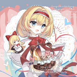 Rule 34 | 1girl, absurdres, alice margatroid, basket, blonde hair, blue dress, blue eyes, bread, capelet, commentary request, cookie, cursive, doll, dress, english text, food, frilled hairband, frills, hairband, heart, highres, lolita hairband, long sleeves, looking at viewer, medium hair, open mouth, red hairband, shanghai doll, smile, solo, star (symbol), touhou, white capelet, xingxingxing guangguang