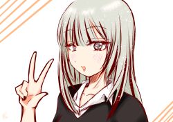 Rule 34 | 1girl, :d, absurdres, black hair, black nails, black sweater, blush, collarbone, collared shirt, commentary, fallmarch, fingernails, grey eyes, grey hair, hand up, hatching (texture), highres, kasai seira, light particles, linear hatching, long hair, looking at viewer, looking to the side, multicolored hair, nail polish, open mouth, portrait, raised eyebrows, shirt, simple background, smile, solo, sono bisque doll wa koi wo suru, streaked hair, sweater, thick eyelashes, w, white background, white shirt