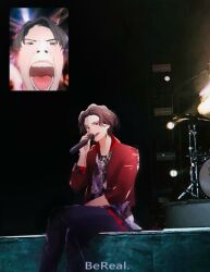Rule 34 | 2boys, bakuage sentai boonboomger, black hair, brown hair, concert, english text, fan screaming at madison beer (meme), hando taiya, highres, holding, holding microphone, jacket, male focus, meita ishiro, meme, microphone, multiple boys, photo background, ramu takora, red eyes, red jacket, screaming, shirt, short hair, sitting, super sentai
