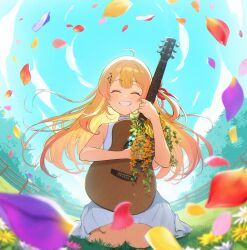 1girl ahoge alternate_costume blonde_hair blush closed_eyes dress flower fortissimo guitar hair_ornament hair_ribbon highres holding holding_guitar holding_instrument hololive hololive_dev_is instrument long_hair mitohas musical_note musical_note_hair_ornament otonose_kanade outdoors petals red_ribbon ribbon smile solo virtual_youtuber white_dress