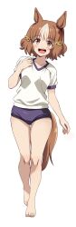 1girl animal_ears barefoot belno_light_(umamusume) blue_buruma brown_hair buruma gym_shirt gym_uniform hair_ornament highres horse_ears horse_girl horse_tail letter_hair_ornament looking_at_viewer multicolored_hair open_mouth ponzu_rui round_teeth shirt short_hair simple_background smile solo t-shirt tail teeth thigh_gap two-tone_hair umamusume umamusume:_cinderella_gray upper_teeth_only wasp white_background white_hair white_shirt