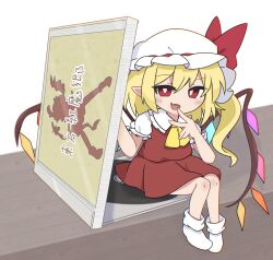 Rule 34 | 1girl, ascot, blonde hair, cd case, chibi, chromatic aberration, commentary, crystal wings, embodiment of scarlet devil, fang, flandre day, flandre scarlet, hand on own face, hashtag-only commentary, hat, hat ribbon, highres, looking at viewer, mob cap, open mouth, pointy ears, puffy short sleeves, puffy sleeves, purabird0370, red eyes, red ribbon, red skirt, red vest, ribbon, short hair, short sleeves, side ponytail, sitting, skin fang, skirt, smug, socks, solo, symbol-only commentary, touhou, vest, white hair, white socks, yellow ascot