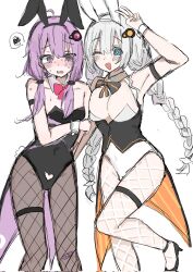2girls animal_ears aqua_eyes armband black_armband blush bow bowtie braid breasts character_request clothing_cutout commentary commentary_request copyright_request covered_navel detached_collar fake_animal_ears fishnet_pantyhose fishnets hair_between_eyes heart_cutout high_heels highres large_breasts leg_lift leotard long_hair multiple_girls pantyhose playboy_bunny purple_eyes shy simple_background small_breasts standing standing_on_one_leg strap twin_braids twintails upper_body v very_long_hair waimoniku white_background white_hair