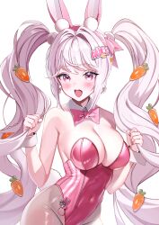 1girl absurdres aggietea alice_(nikke) animal_ears bare_shoulders blush bow bow_earrings bowtie breasts carrot_hair_ornament character_name collar commentary covered_navel detached_collar earrings food-themed_hair_ornament goddess_of_victory:_nikke grabbing_own_hair hair_intakes hair_ornament hair_ribbon highres jewelry large_breasts leotard long_hair looking_at_viewer open_mouth pantyhose pink_bow pink_bowtie pink_eyes pink_hair pink_leotard pink_ribbon playboy_bunny rabbit_ears ribbon simple_background smile solo strapless strapless_leotard teeth twintails very_long_hair wavy_hair white_background white_collar white_pantyhose white_wrist_cuffs wrist_cuffs