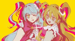 blonde_hair blue_hair bow bowtie bright_pupils cosplay cross-shaped_pupils don_quixote_(project_moon) dress e.g.o_(project_moon) hair_ornament heart heart_hair_ornament highres holding_hands limbus_company lobotomy_corporation lobotomy_corporation_(identity)_(project_moon) long_hair multiple_girls one_eye_closed open_mouth project_moon queen_of_hatred queen_of_hatred_(cosplay) simple_background sixgod symbol-shaped_pupils tongue tongue_out