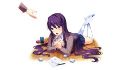 2girls :o blazer blue_skirt blush breast_press breasts brown_sweater_vest candle collared_shirt commentary crumpled_paper doki_doki_literature_club doki_doki_literature_club_plus doki_doki_literature_club_school_uniform dot_nose double-parted_bangs dress_shirt dropped_object elbow_rest embarrassed english_commentary envelope eyebrows_hidden_by_hair fallen_down feet_up fingernails flustered full_body furrowed_brow game_cg grey_jacket hair_intakes hair_ornament hairclip hands_on_own_chest highres holding holding_envelope holding_letter indoors jacket kneehighs large_breasts legs_up letter long_eyelashes long_hair long_sidelocks long_sleeves looking_at_another looking_up love_letter lying miniskirt multiple_girls neck_ribbon non-web_source official_art on_floor on_stomach open_hand open_mouth outstretched_arm own_hands_together parted_hair pen pleated_skirt promotional_art purple_eyes raised_inner_eyebrows reaching reaching_towards_another red_ribbon ribbon satchely school_uniform shirt shoes sidelocks simple_background skirt small_sweatdrop socks solo_focus sweater_vest tareme teeth thick_eyelashes thighs upper_teeth_only valentine very_long_hair white_background white_shirt white_shoes white_socks wide-eyed wing_collar wooden_floor yuri_(doki_doki_literature_club)