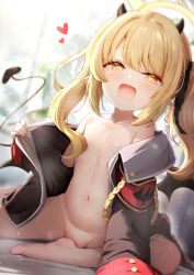 1girl absurdres armband black_jacket blonde_hair blue_archive blurry blurry_background commentary_request demon_tail flasher_(flasher_ura) flat_chest hair_over_breasts hair_over_one_breast halo heart heart-shaped_pupils highres ibuki_(blue_archive) jacket loli long_hair long_sleeves looking_at_viewer navel open_clothes open_jacket red_armband side_ponytail solo sweat symbol-shaped_pupils tail yellow_eyes yellow_halo