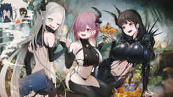4girls absurdres arm_support ass back bare_shoulders behemoth_(nikke) black_bodysuit black_hair black_liquid black_panties black_pantyhose black_thighhighs blush bodysuit book breasts bubble butt_crack candle chest_strap colored_inner_hair commentary crop_top detached_sleeves elbow_gloves eyes_visible_through_hair fingerless_gloves fish_(food) fish_head food forehead forest gimyogi gloves goddess_of_victory:_nikke green_eyes grey_hair grilled_fish hair_between_eyes hair_over_one_eye hand_up hands_up highres holding holding_book holding_food horns index_finger_raised large_breasts leviathan_(nikke) light_particles liquid_clothes little_mermaid_(nikke) long_hair looking_ahead looking_at_another lying multicolored_hair multiple_girls nature navel number_candle one_eye_closed open_mouth outdoors panties pantyhose pie pink_hair pointy_ears pubic_tattoo red_eyes sharp_teeth shirt short_hair sideboob sideless_outfit single_horn sitting sleeveless sleeveless_shirt small_breasts smile sparkle speech_bubble standing stargazy_pie stomach tattoo teeth thighhighs thought_bubble tree tree_stump underwear very_long_hair ziz_(nikke)