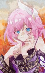 Rule 34 | 1girl, blue eyes, chinese commentary, coat, commentary request, commission, cyrene (honkai: star rail), hair ornament, highres, honkai: star rail, honkai (series), looking at viewer, medium hair, multicolored hair, painting (medium), pink hair, pink pupils, purple coat, smile, solo, tangrenjie, traditional media, two-tone hair, upper body, watercolor (medium), white hair