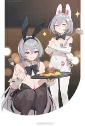 Rule 34 | 2girls, absurdres, animal ears, bilibili username, bilibili xiaolu, black leotard, black pantyhose, breasts, closed eyes, fake animal ears, food, fork, grey hair, grin, hair ornament, highres, holding, holding fork, holding ladle, holding tray, ladle, large breasts, leotard, long hair, multiple girls, original, pantyhose, playboy bunny, red eyes, smile, squatting, standing, tray, very long hair, watermark, white leotard, white pantyhose