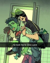 1boy 1girl beast_boy_(dc) black_eyes cellphone cellphone_photo colored_skin couple dc_comics dinosaur english_text gabriel_picolo green_hair green_skin happy highres phone pointy_ears purple_hair raven_(dc) selfie smile teen_titans tongue tongue_out