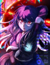 1girl arm_behind_head arm_up armband breasts character_name eyelashes female_focus glasses highres large_breasts last_defense_academy_school_uniform lips long_hair long_sleeves looking_at_viewer purple_hair red_eyes shizuhara_hiruko simple_background solo solo_focus the_hundred_line_-last_defense_academy- upper_body