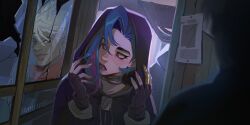1boy 1girl arcane:_league_of_legends arcane_jinx blue_hair blush dark-skinned_male dark_skin ekko_(league_of_legends) firelight_ekko glass highres hood hood_up jinx_(league_of_legends) kammi_lu league_of_legends multicolored_hair purple_eyes purple_lips reflection short_hair streaked_hair upper_body white_hair