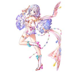 1girl arm_up ass baizu_(guszx) bare_shoulders blue_eyes blush boots breasts detached_sleeves from_side full_body garter_straps gem gem_hair_ornament grey_hair gun hair_ornament high_heel_boots high_heels holding holding_gun holding_weapon jewelry looking_at_viewer low_twintails open_mouth outstretched_arm shironeko_project short_hair short_shorts shorts simple_background small_breasts solo standing standing_on_one_leg tachi-e thighs tina_topia transparent_background twintails weapon white_boots white_garter_straps