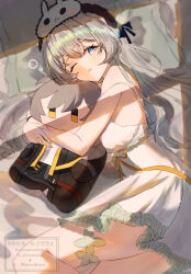 1girl absurdres alternate_costume caelus_(honkai:_star_rail) character_doll doll dress firefly_(honkai:_star_rail) grey_hair highres honkai:_star_rail honkai_(series) maaashuro multicolored_eyes one_eye_closed ribbon sleepwear solo trailblazer_(honkai:_star_rail) two-tone_eyes watermark