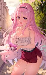 1girl :d absurdres bare_shoulders blue_archive blurry blurry_background blush breasts camera camisole cleavage collarbone cowboy_shot hair_bun halo highres holding holding_camera homura_(homur4_homu) large_breasts long_hair looking_at_viewer low_wings mika_(blue_archive) miniskirt open_mouth outdoors pencil_skirt pink_hair pink_halo red_skirt sidelocks single_side_bun skirt smile solo thighs tree white_camisole white_wings wings yellow_eyes