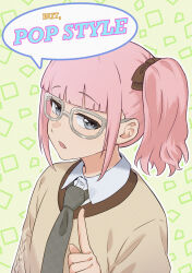 1girl absurdres brown_sweater commentary english_commentary girls_band_cry green_background grey-framed_eyewear grey_necktie highres hina_(girls_band_cry) index_finger_raised necktie outline pink_hair short_hair short_twintails solo summer_left sweater twintails upper_body white_outline