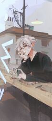 Rule 34 | 1boy, 1hp club, absurdres, black sweater, boat, bracelet, crossed bangs, crossed legs, desk, double-parted bangs, drawing on fourth wall, earrings, elbow rest, elfboiii, feet out of frame, hair between eyes, hand on own chin, highres, jewelry, leaning, looking at viewer, male focus, multiple earrings, notepad, obi (1hp club), pen, pov, ring, short hair, smile, solo, steam, stud earrings, sweater, water drop, watercraft, white eyes, white hair