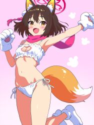 1girl absurdres animal_ear_fluff animal_ears animal_hands arm_up armpits blue_archive bra cat_cutout cat_ear_panties cat_lingerie cleavage_cutout clothing_cutout commentary eyeshadow fox_ears fox_girl fox_tail frilled_bra frills gloves halo highres izuna_(blue_archive) looking_at_viewer makeup meme_attire navel ochazuke_(artist) panties paw_gloves pink_eyeshadow pink_halo pink_scarf scarf side-tie_panties smile solo tail underwear white_bra white_panties